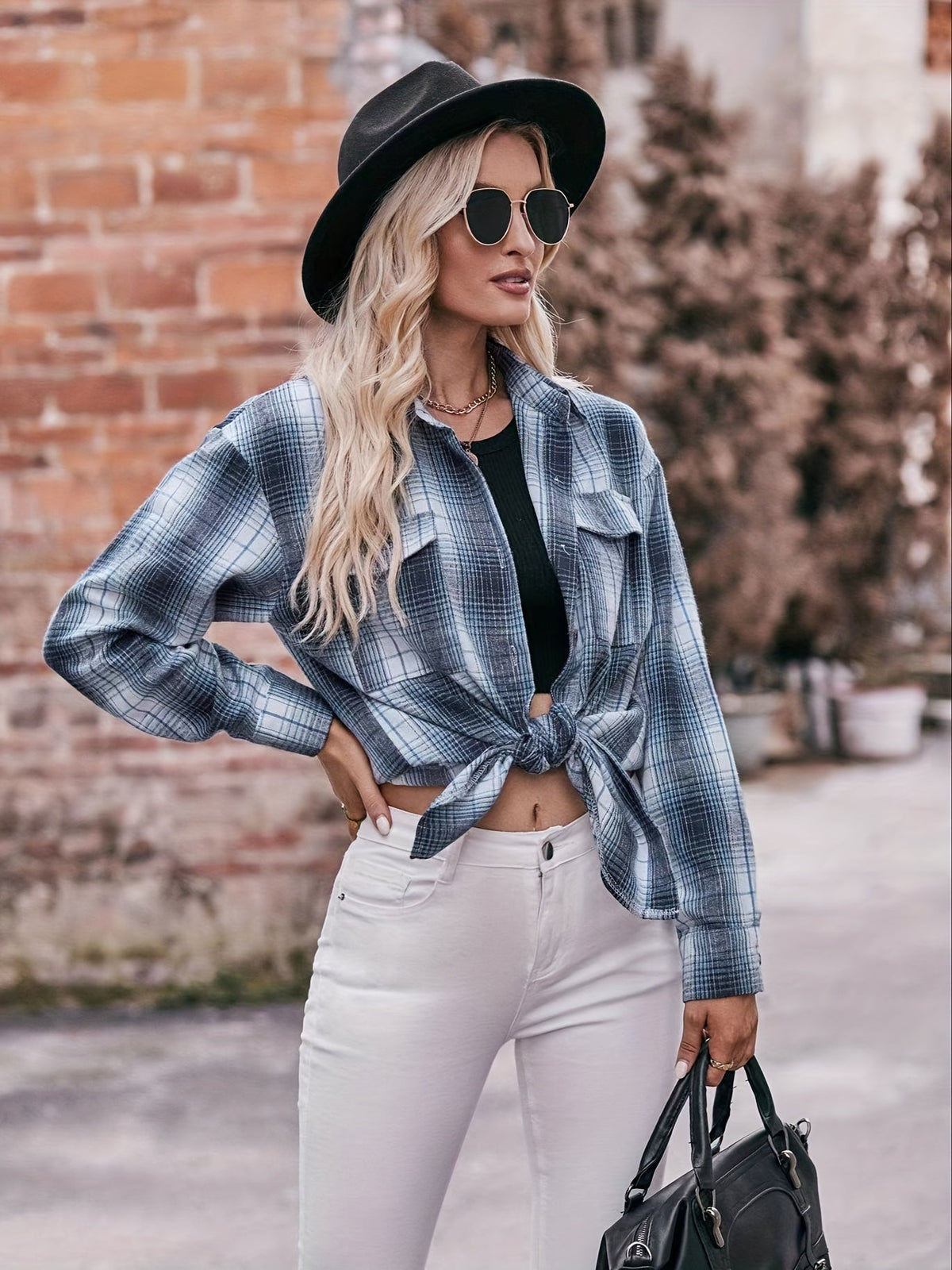 Plaid Print Polo Collar Button Shirt, Casual Long Sleeve Shirt