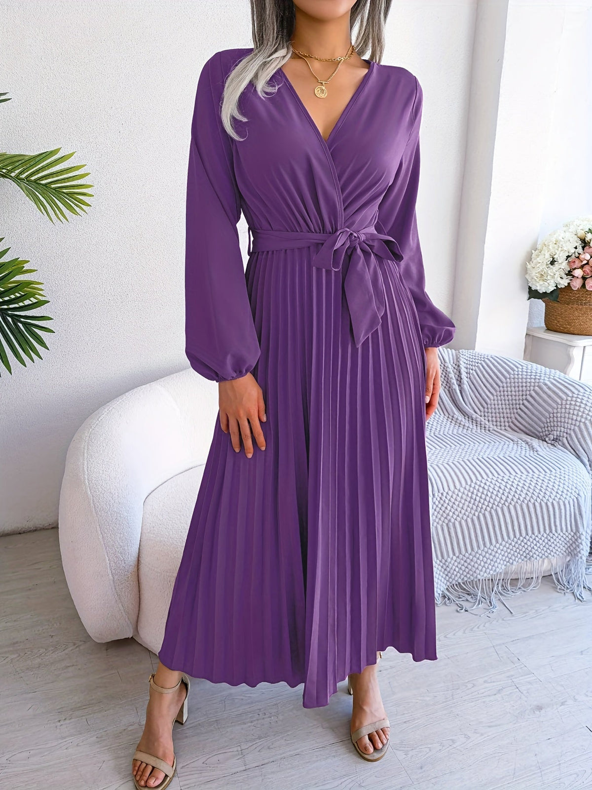 Pleated Surplice Neck Dress, Elegant Long Sleeve Solid Dress, Women's Clothing