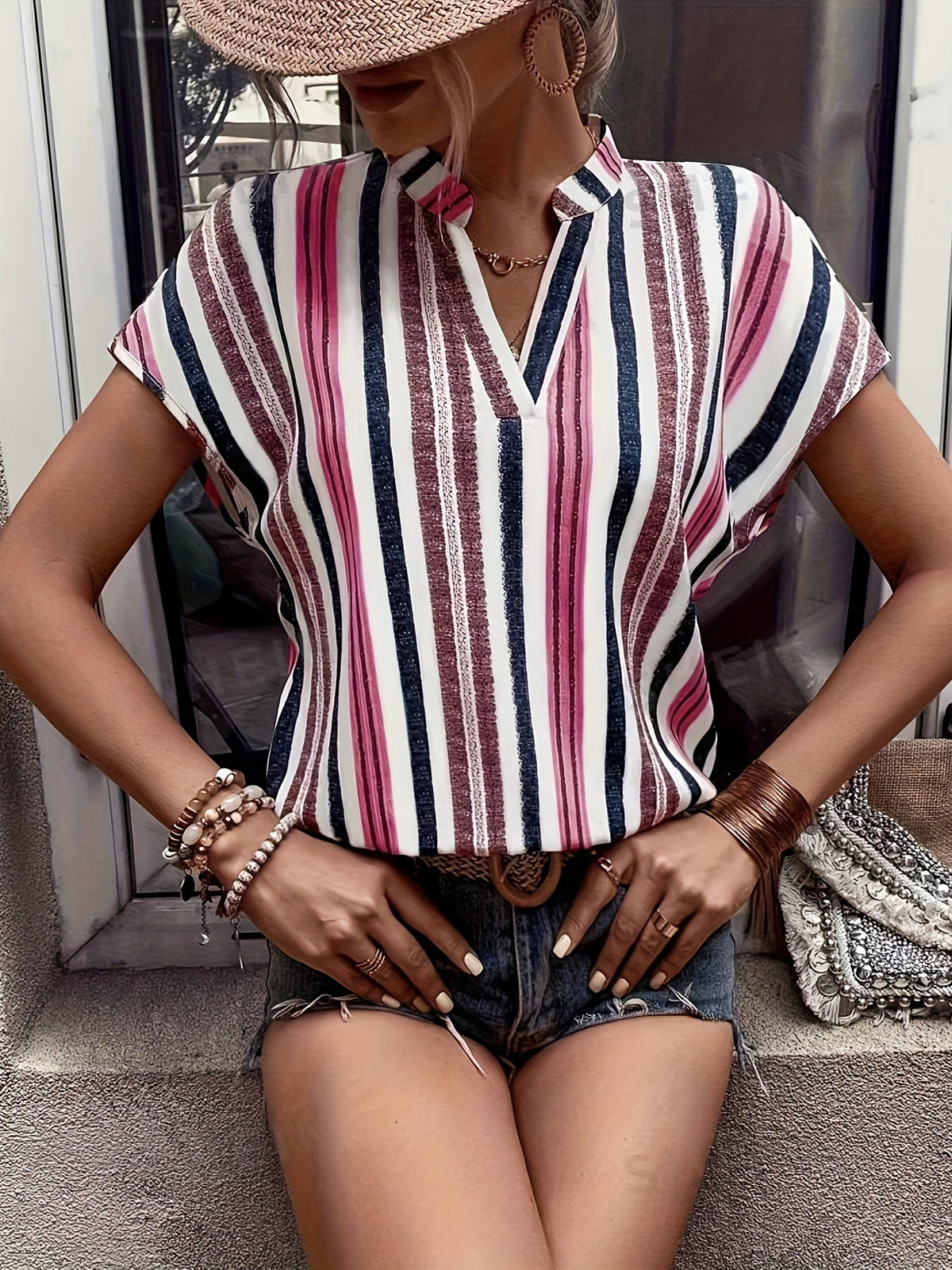 Striped Print Notched Neck Blouse, Casual Short Sleeve Blouse