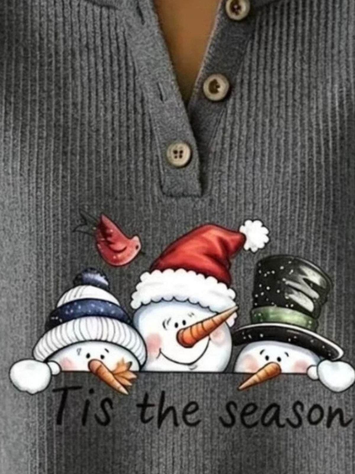 Christmas Themed Snowman Graphic Ribbed Henley Sweatshirt