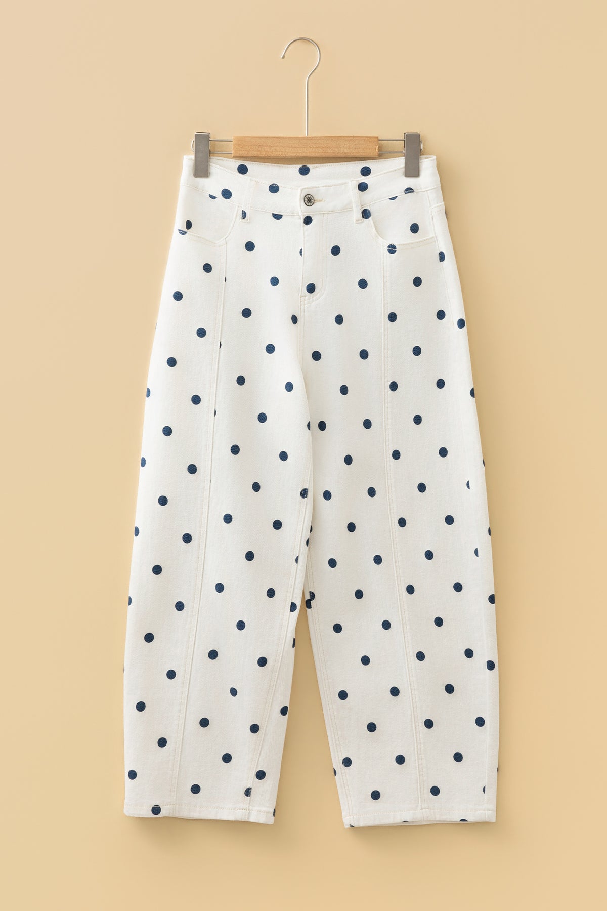 Blue Tailored Seam Polka Dot Print Barrel Casual Jeans