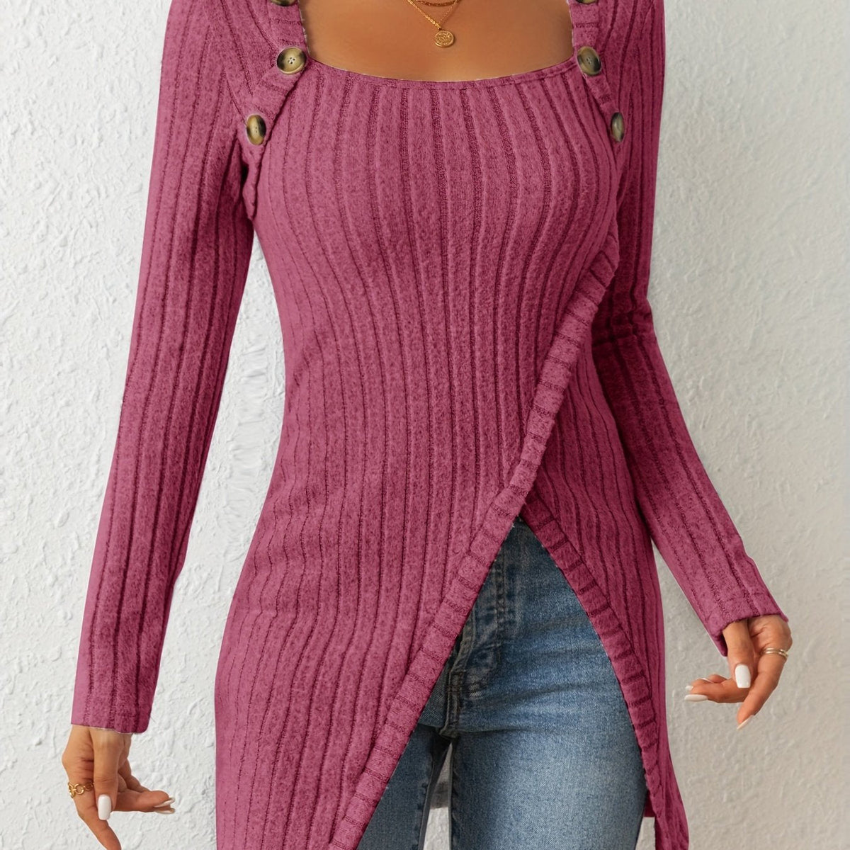 Button Decor Asymmetrical Hem T-Shirt, Casual Ribbed Long Sleeve Top