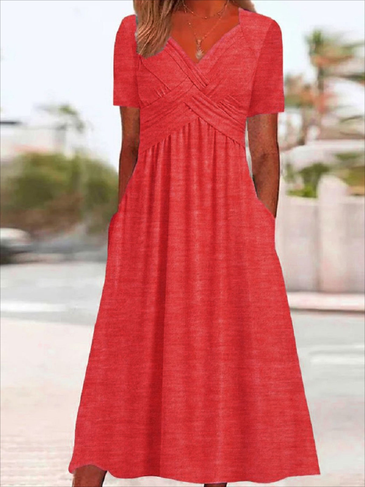 Solid V Neck Dress, Casual Criss Cross Short Sleeve Dress