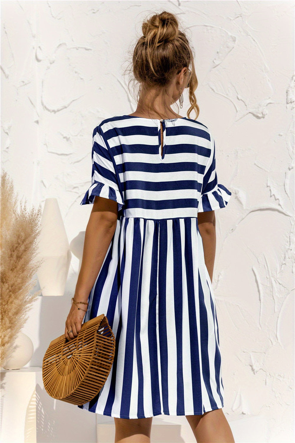 Short Sleeve Beach Dress, Crew Neck Vacation Casual Dress