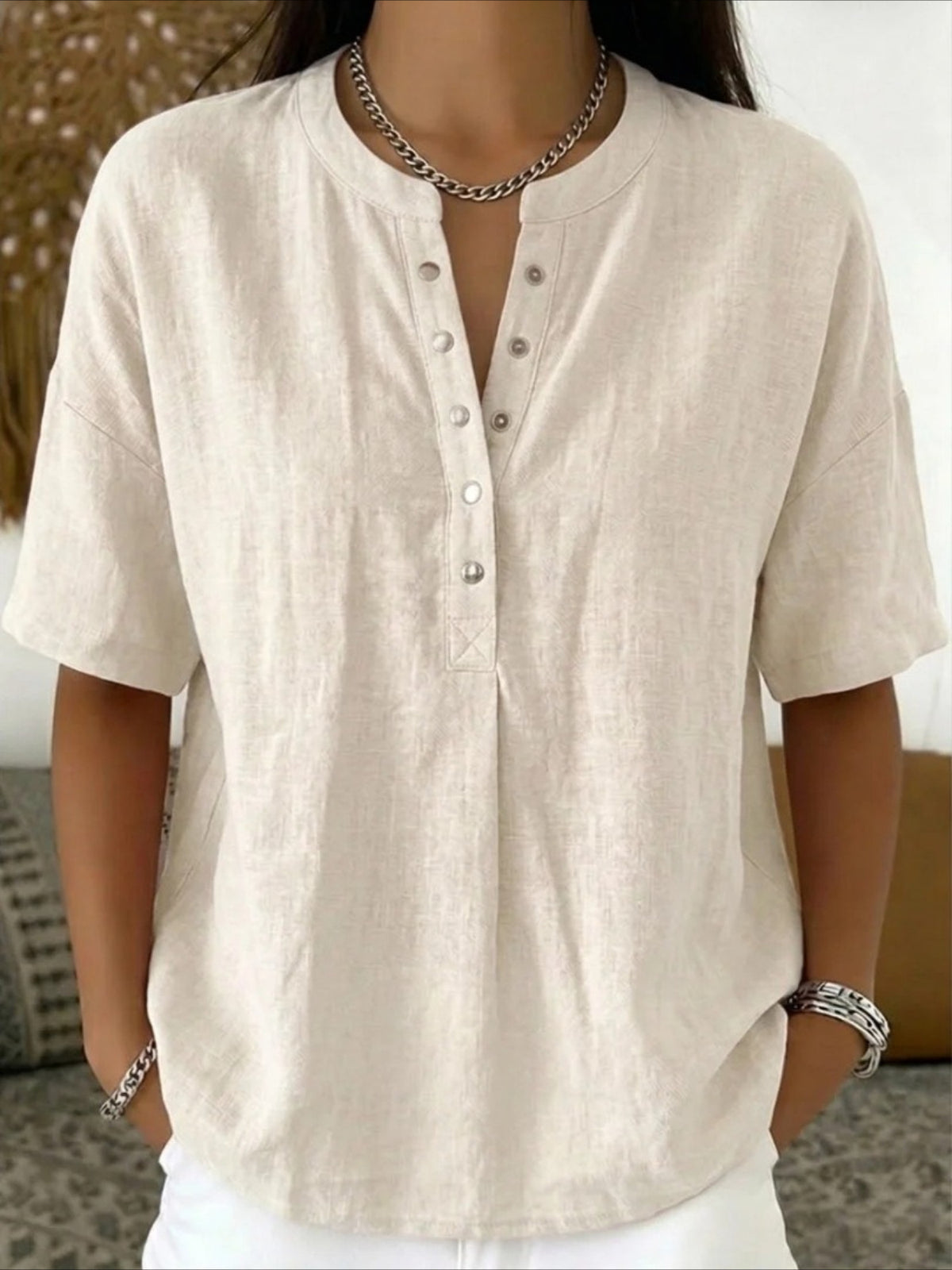 Cotton And Linen Round Neck Short Sleeve Button H-Line Daily Going Out Casual Loose Blouse