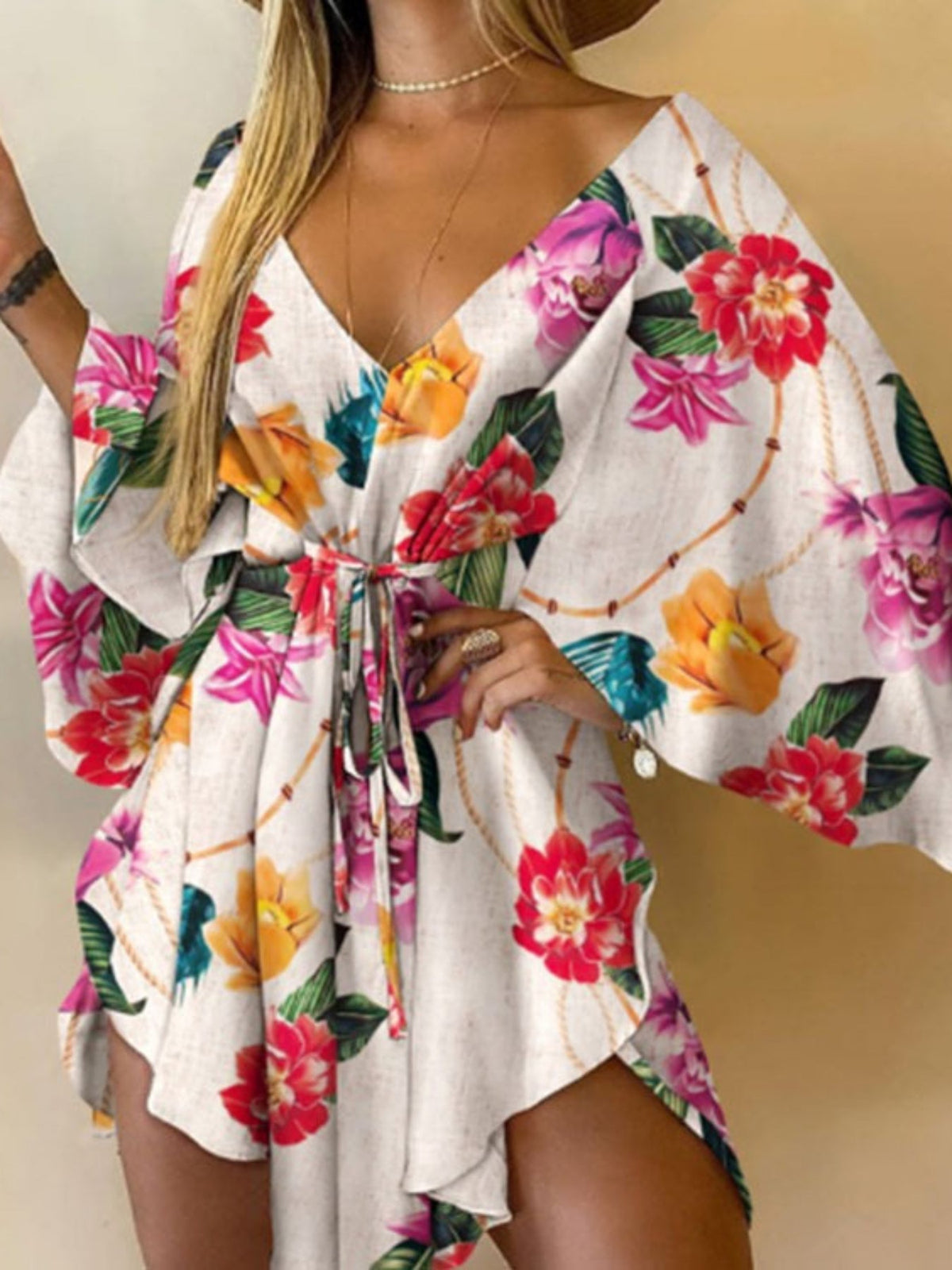 Full Printed V Neck Dress, Casual Tie Waist Batwing Sleeve Dress