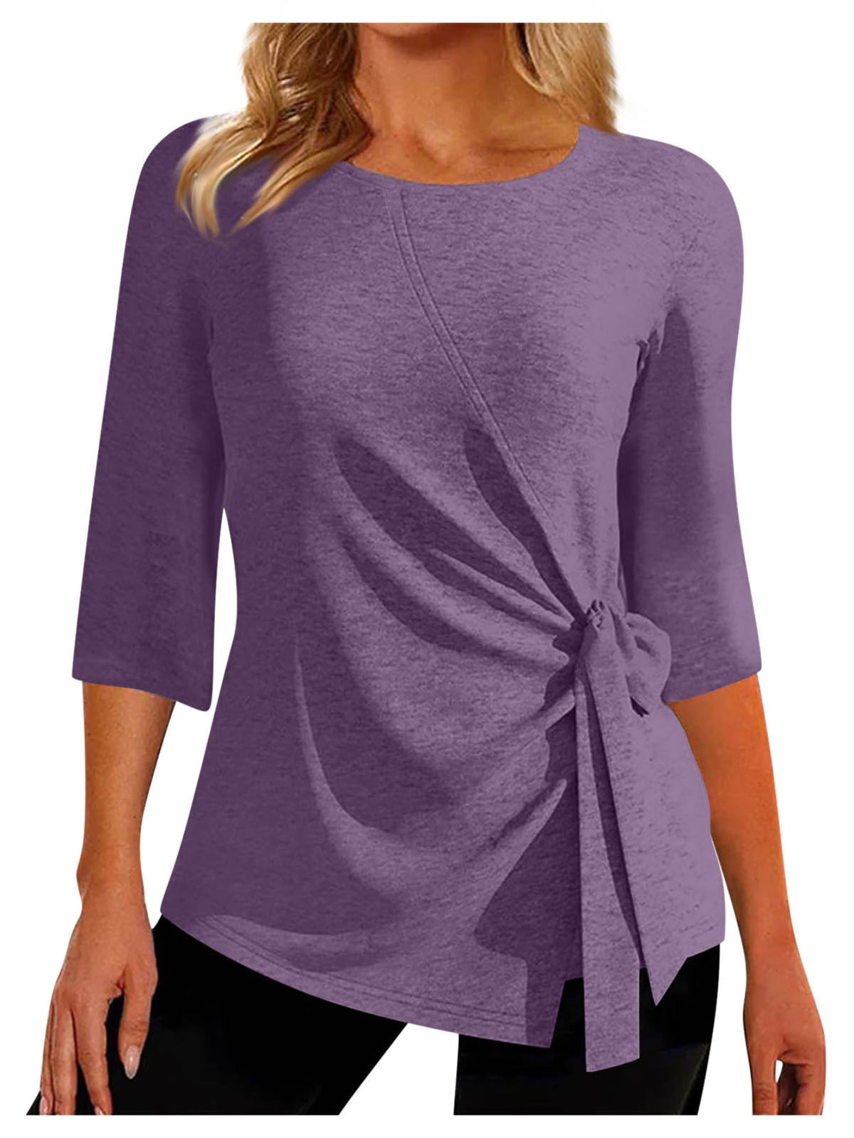 Solid Ruched Tie Front Top, Casual Three-quarter Sleeve Top