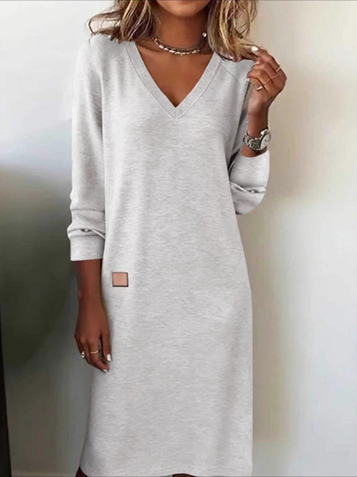 Plain Long Sleeve Spring/Fall Split Joint V Neck Daily Casual T-Shirt A-Line Maxi Dress