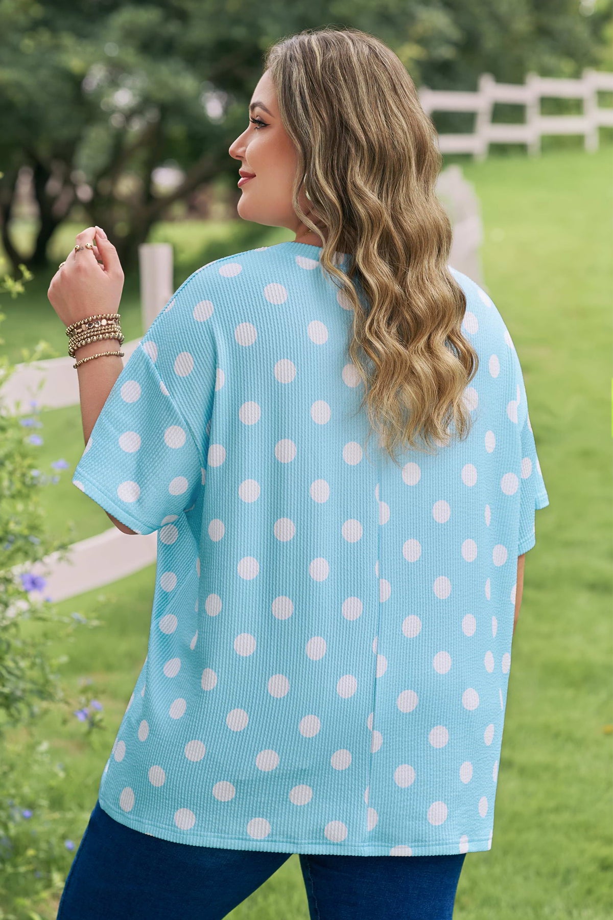 Sky Blue Twisted Rib Polka Dot Print Plus Size T Shirt