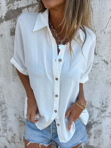 Casual Button Collared Short Sleeve Tunic Tops with Pocket