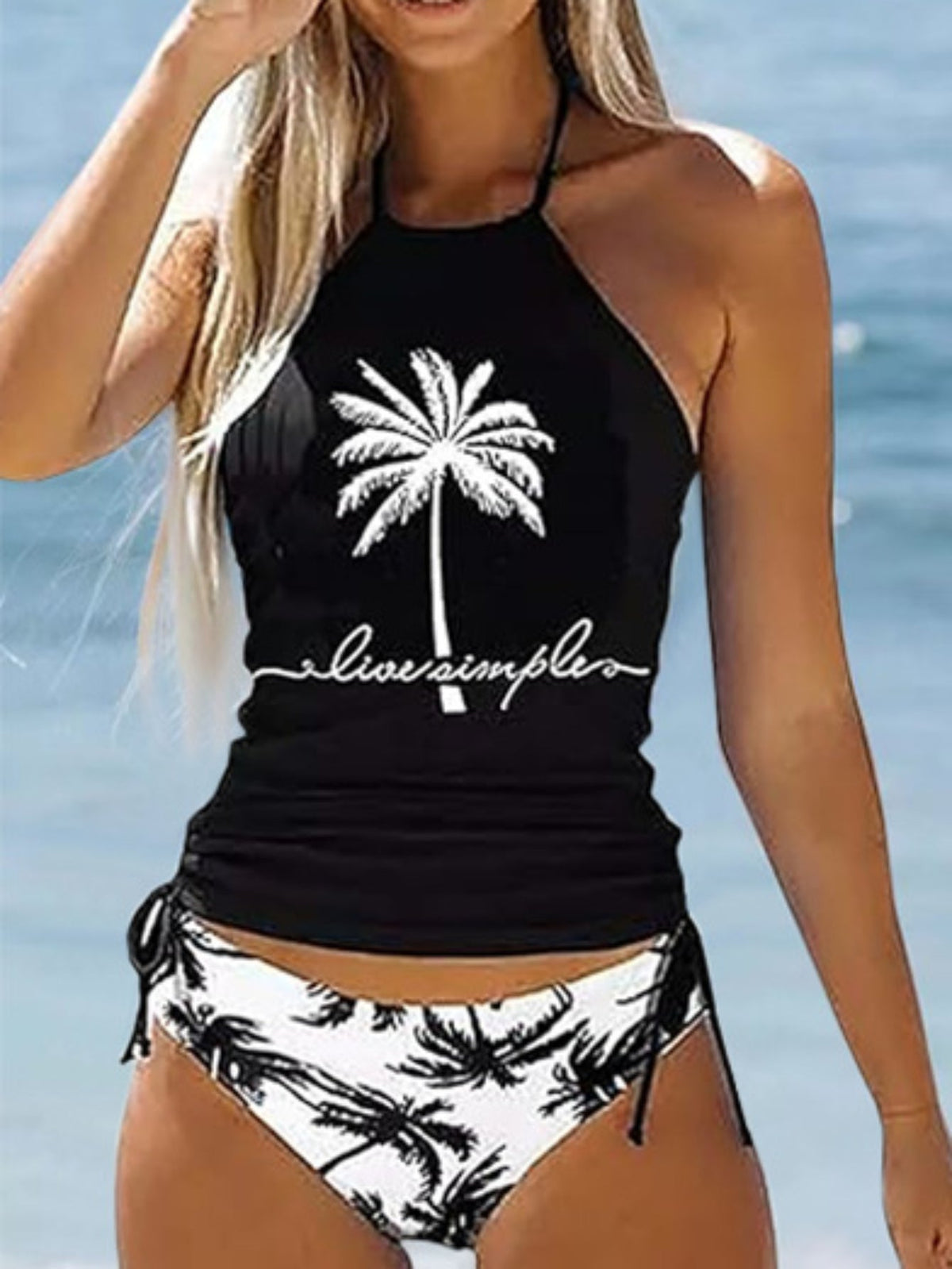 Coconut Tree Sunset Pattern Drawstring 2 Piece Set Swimsuit, Halter Tie Neck Backless Stretchy Low Waist Bathing Suit