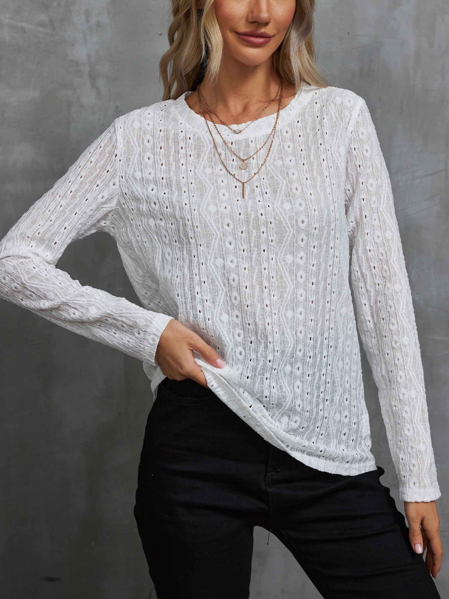 Eyelet Solid T-shirt, Casual Crew Neck Long Sleeve T-shirt