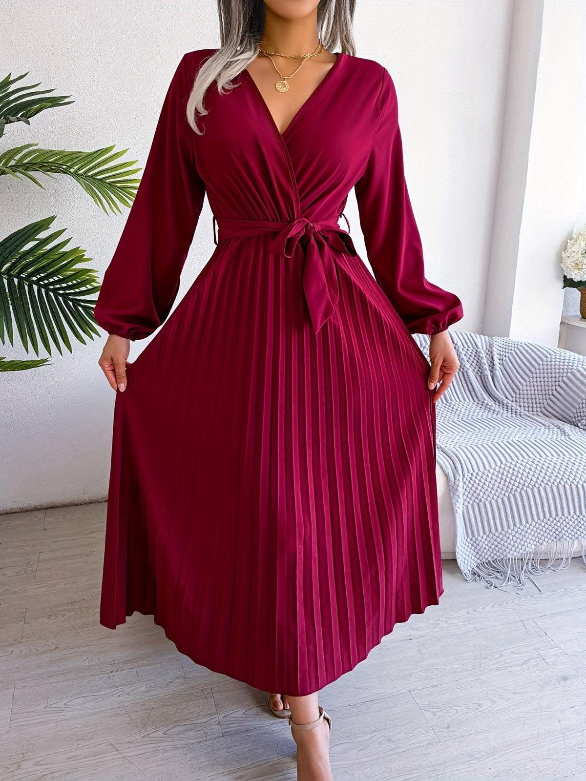 Pleated Surplice Neck Dress, Elegant Long Sleeve Solid Dress, Women's Clothing
