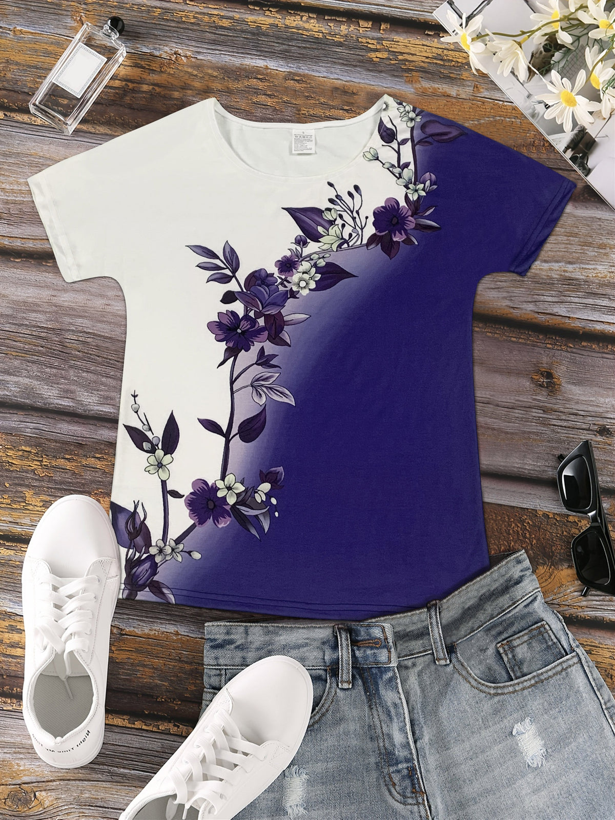 Short Sleeve Floral Print Colorblock Crew Neck T-Shirt