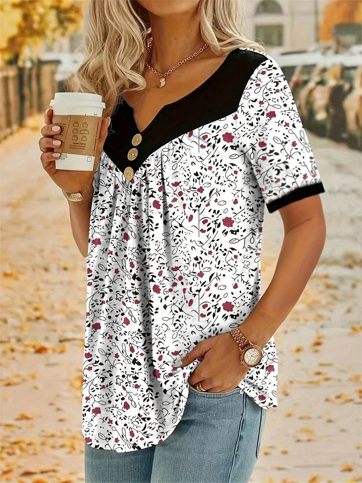 V Neck Floral Print Short Sleeve Top - Comfortable Medium Stretch Polyester Casual Wear for All Seasons - Button Front, Knit Fabric, Random Printing