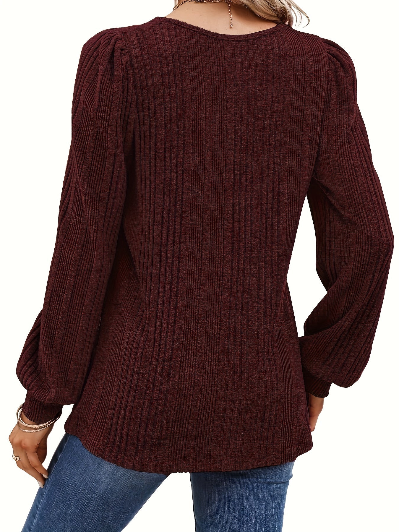 Solid Square Neck Rib Knit Top, Elegant Long Sleeve Sweater