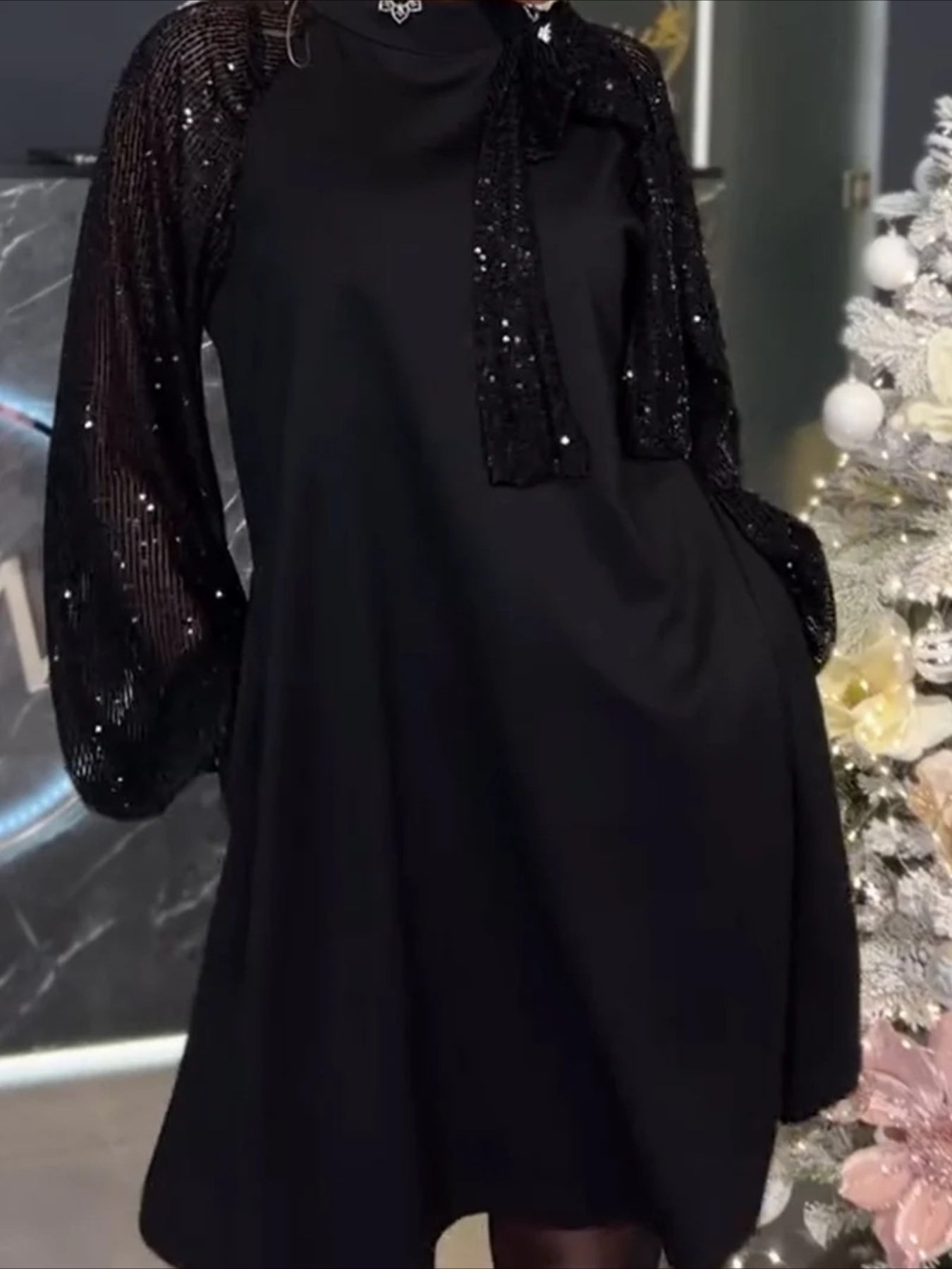 Long Sleeve Spring/Fall Red Plain Split Joint Crew Neck Vintage A-Line Sequin Midi Dress
