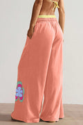 Grapefruit Orange Color Block Flower Patchwork Drawstring Contrasted Elastic Waist Wide Leg Pants