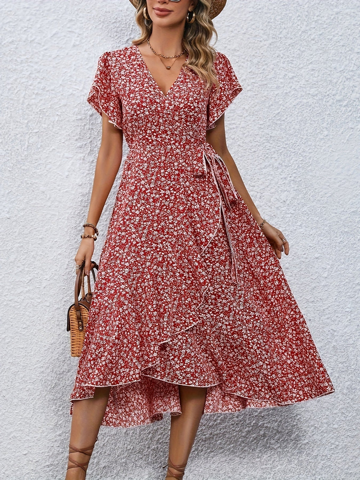 Women's Floral Print Surplice Dress with Flutter Sleeves and Ruffle Hem