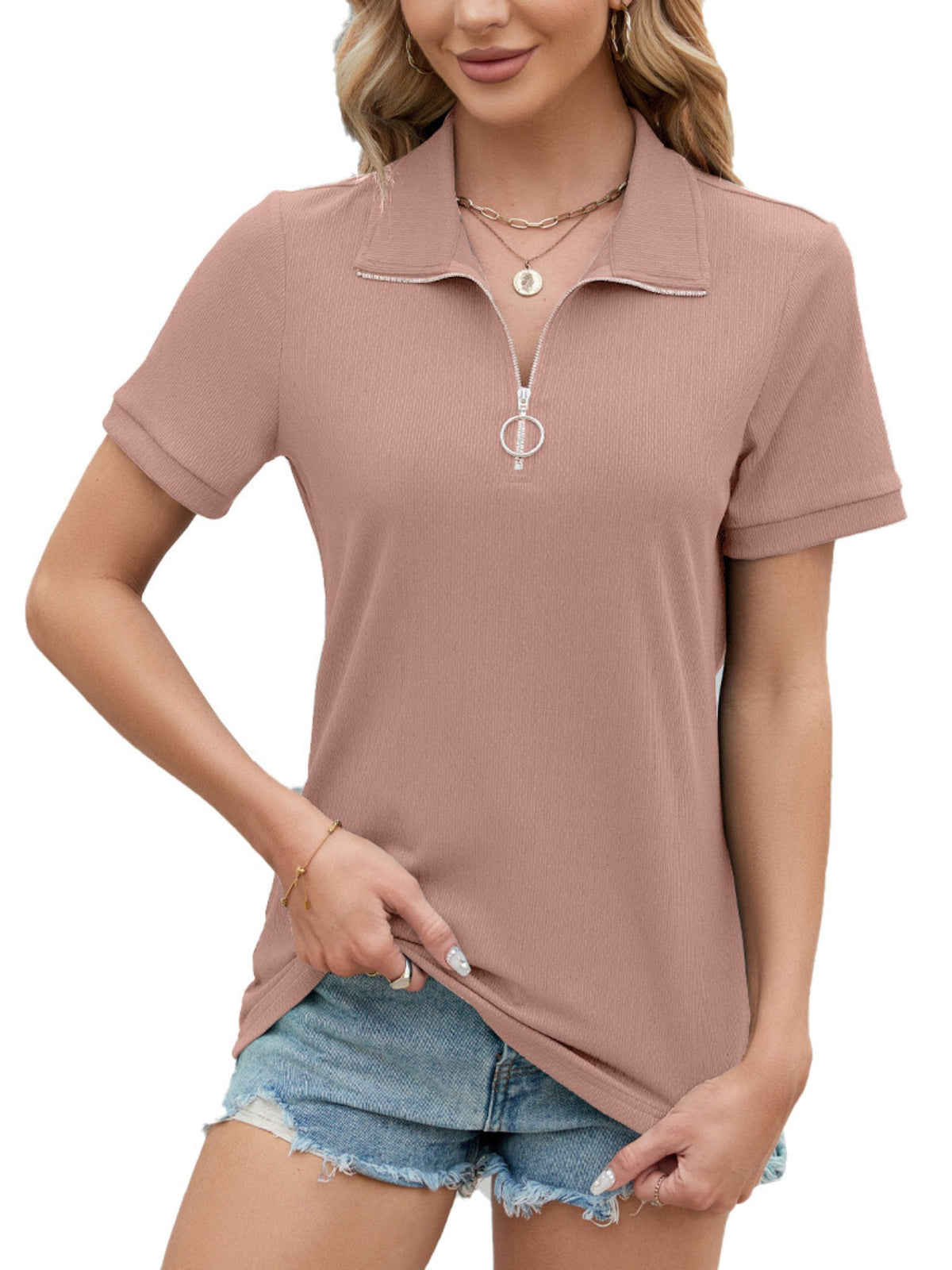 Solid Color Zip Collared T-shirt, Casual Short Sleeve Top