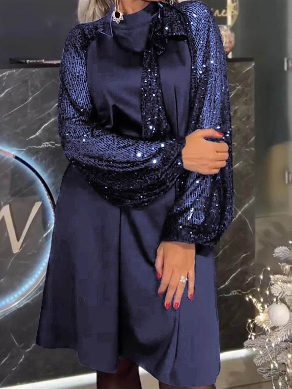 Long Sleeve Spring/Fall Red Plain Split Joint Crew Neck Vintage A-Line Sequin Midi Dress