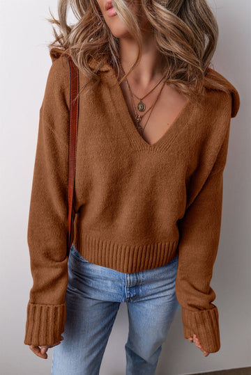 Chestnut Collared V Neck Ribbed Edge Sexy Elegant Sweater