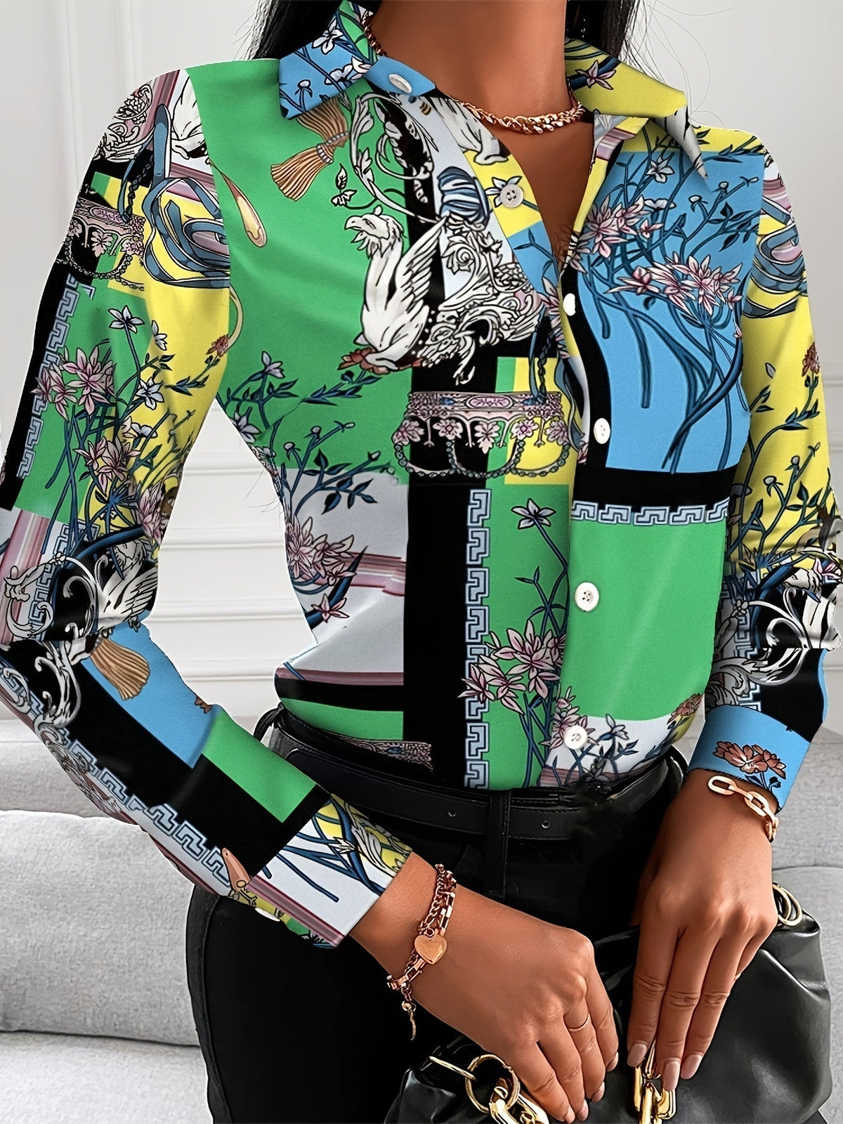Women's Blouse V-neck Print Button Long Sleeve Loose Fall Blouse