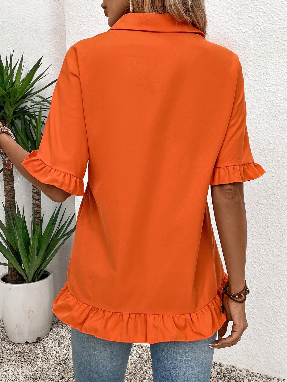 Elegant Solid Color Loose Fit Ruffled Sleeve Blouse
