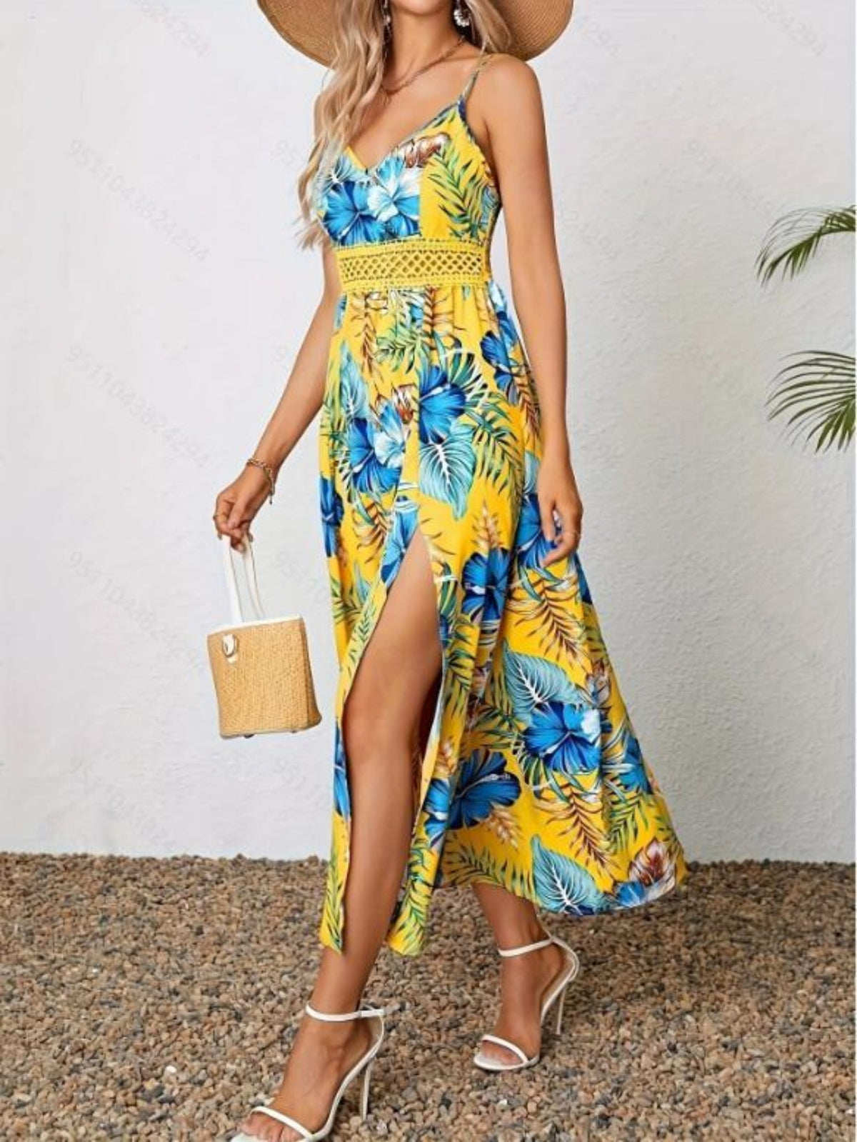 Floral Print Spaghetti Strap Elegant Sleeveless Split Dress