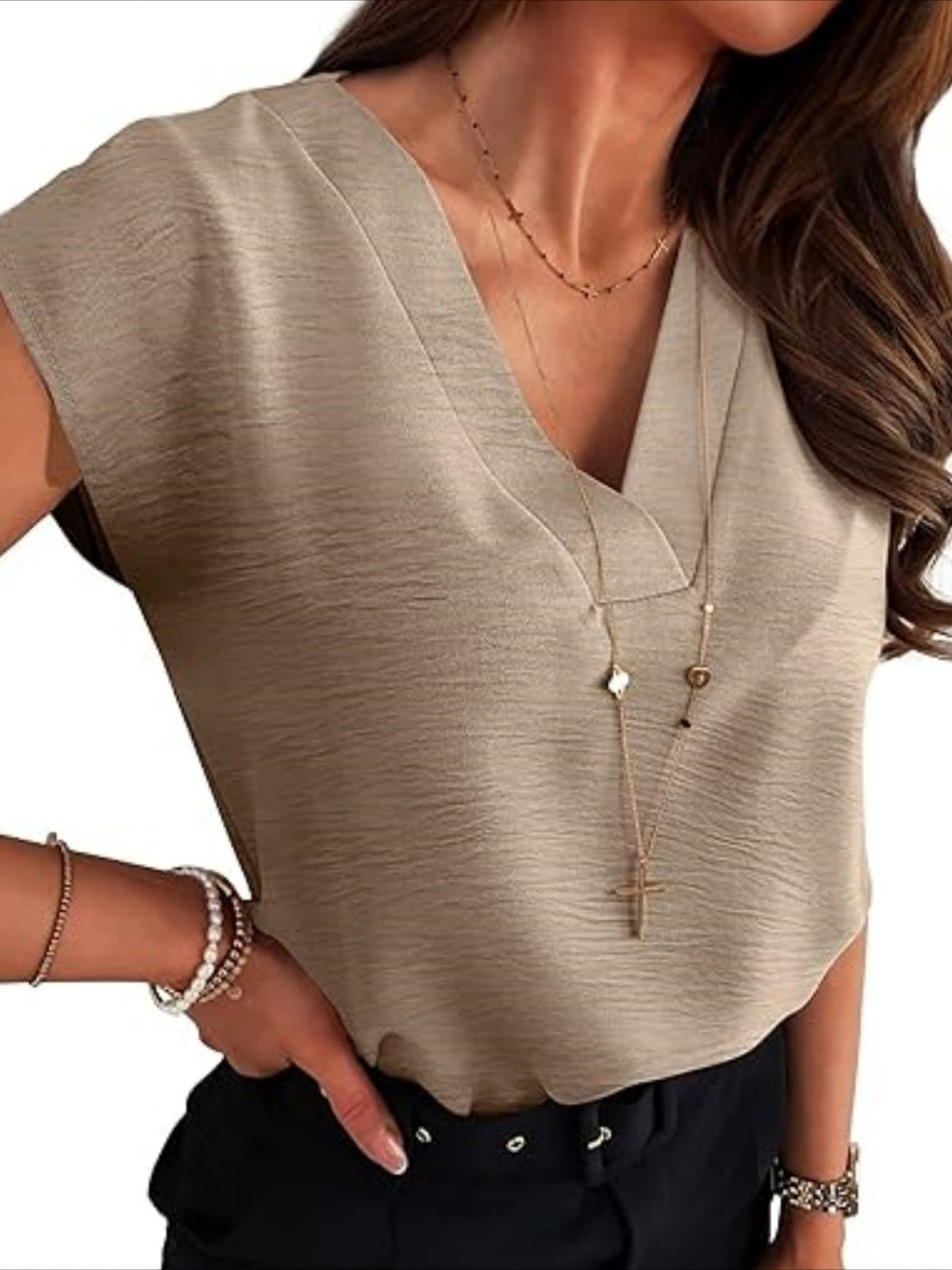 Plain V-Neck Batwing Short Sleeve Casual Loose Blouse