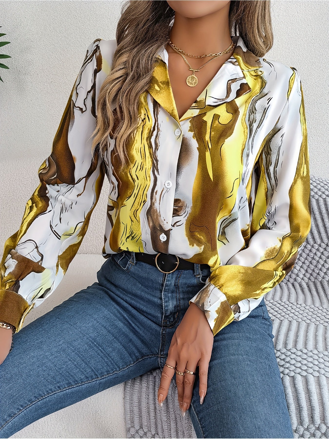 Graphic Print Button Front Shirt, Casual Long Sleeve Shirt