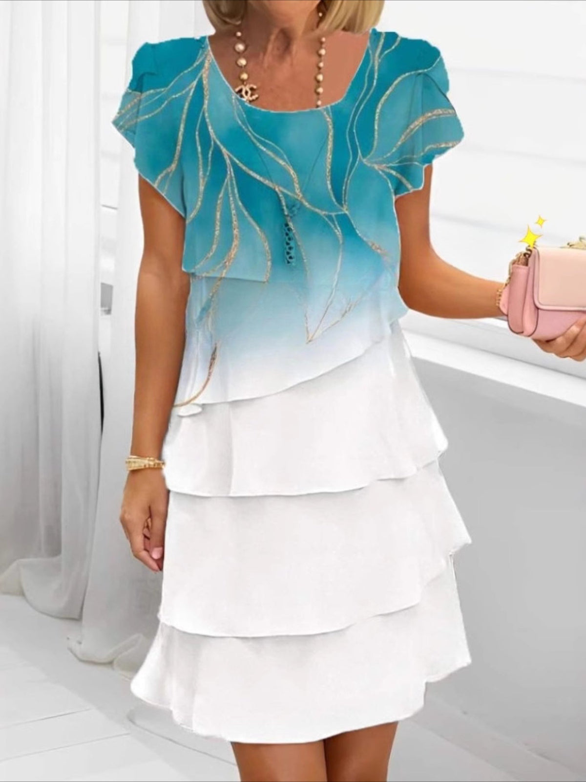 Elegant Daily Regular Fit Floral Geometric Short Sleeve Crew Neck Midi Dress