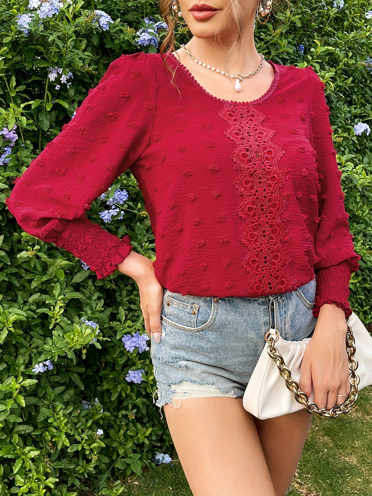 Swiss Dot Crew Neck Blouse, Elegant Long Sleeve Top
