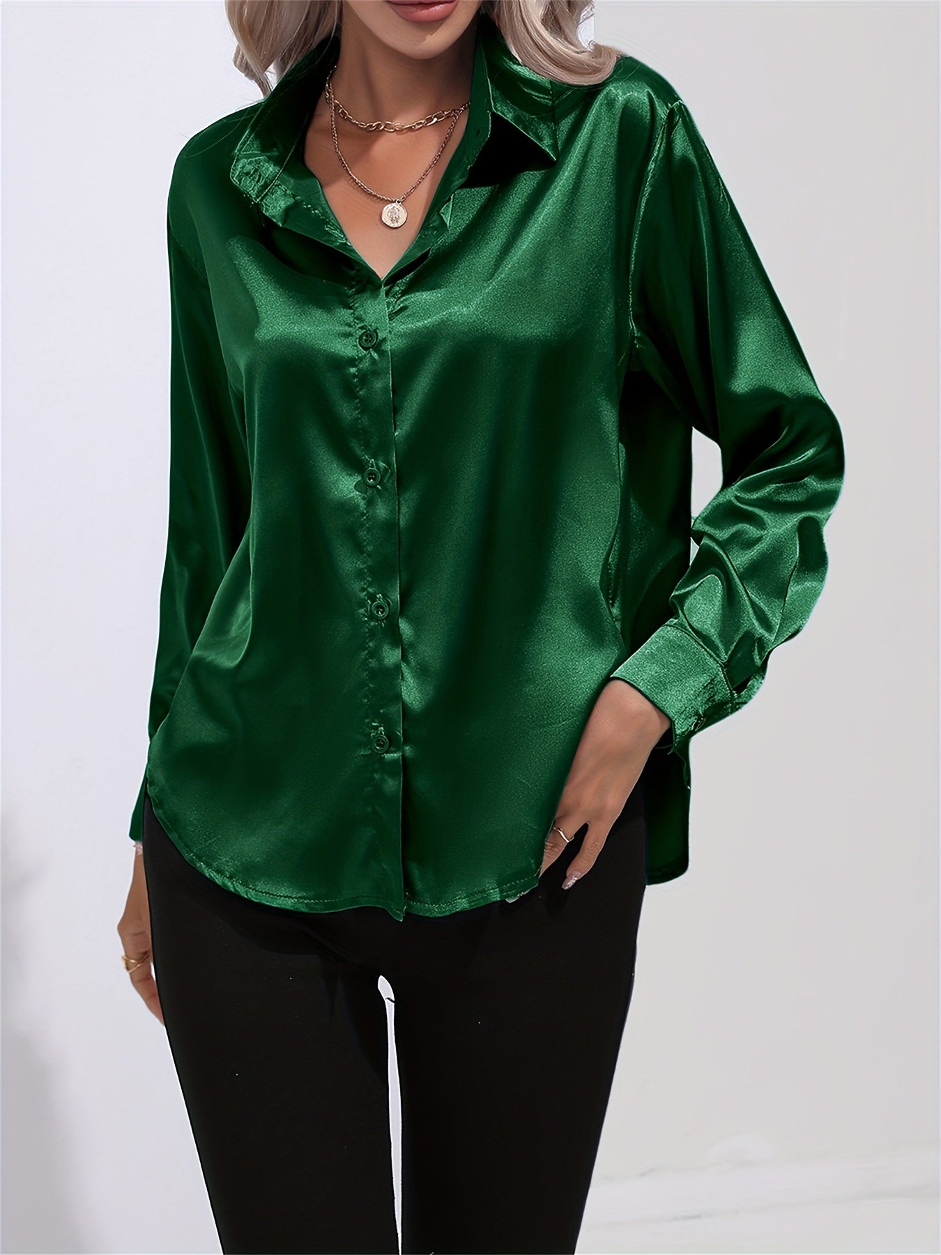 Lapel-collar Satin-satin-faux Silk Long-sleeved Shirt