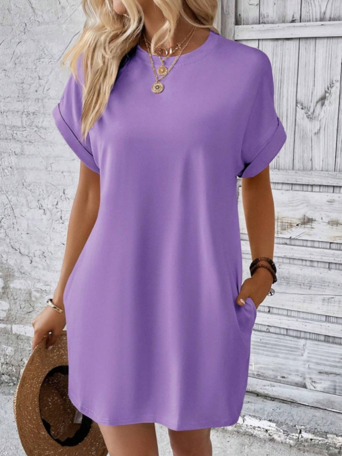 Crew Neck With Pocket Dress, Casual Short Sleeve Dress