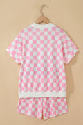 Pink Checkered Print Color Block Trim Mock Neck Short Set