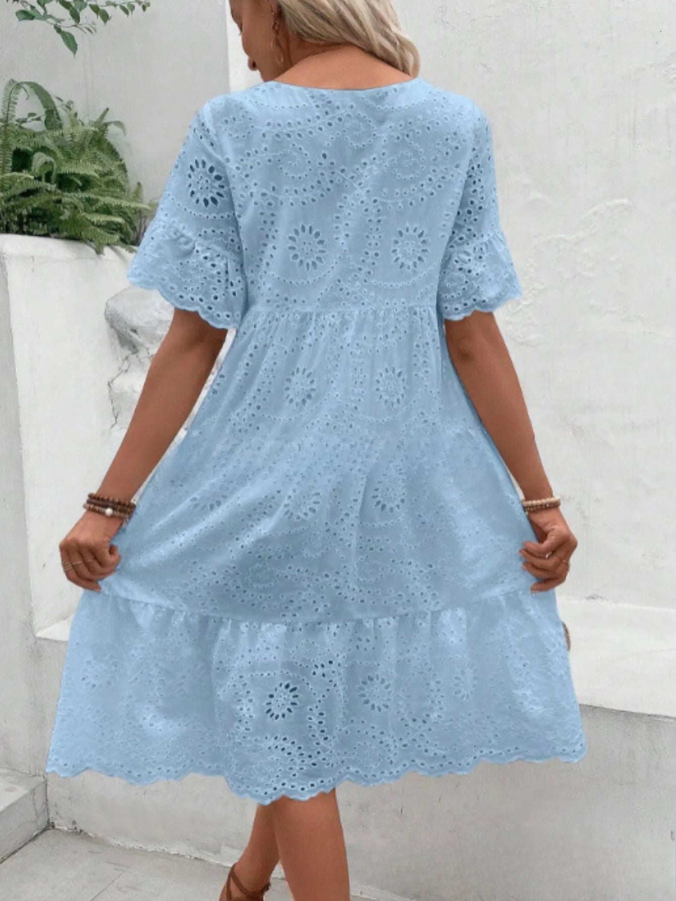 Embroidered Dress with a Hollowed-Out Lining in a Pure Color