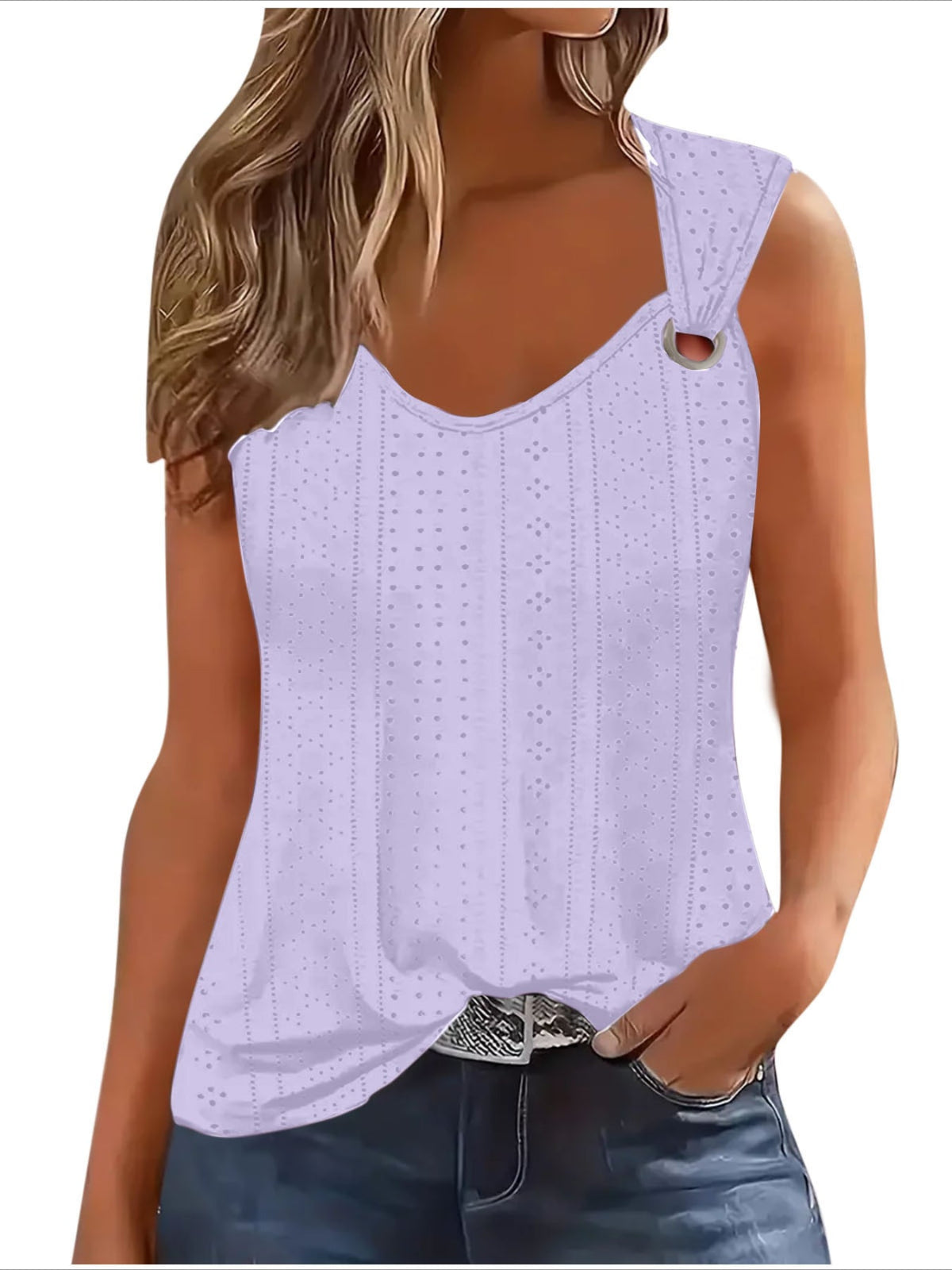 Eyelet Solid Tank Top, Casual Sleeveless Tank Top