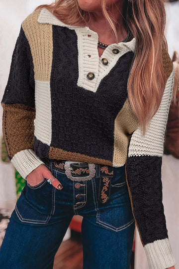 Multicolour Color Block Cable Knit Sleeve Buttons Collared Sweater