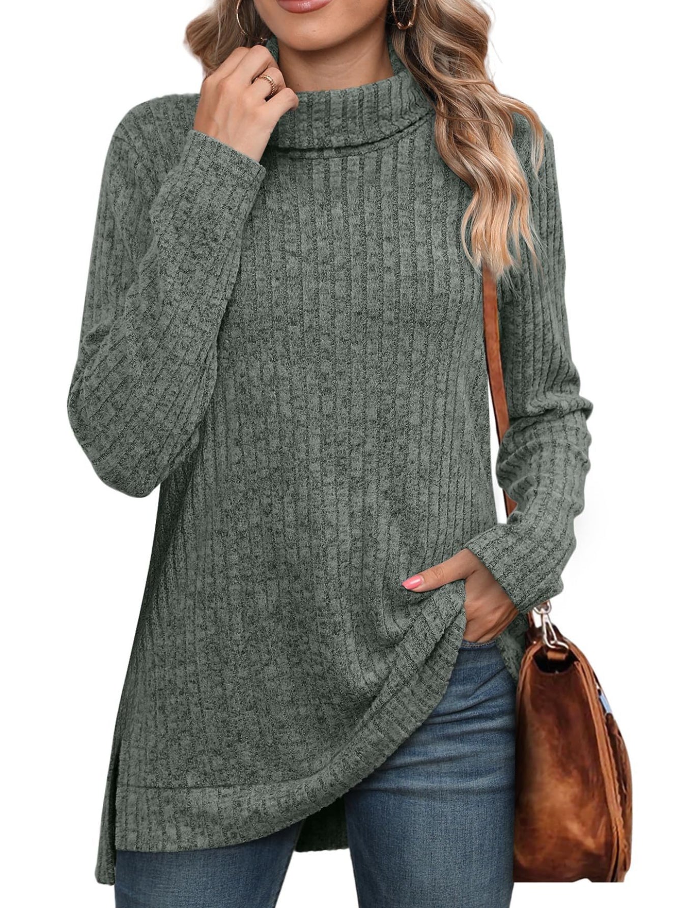 Ribbed Crew Neck Side Split T-Shirt, Casual Long Sleeve Top