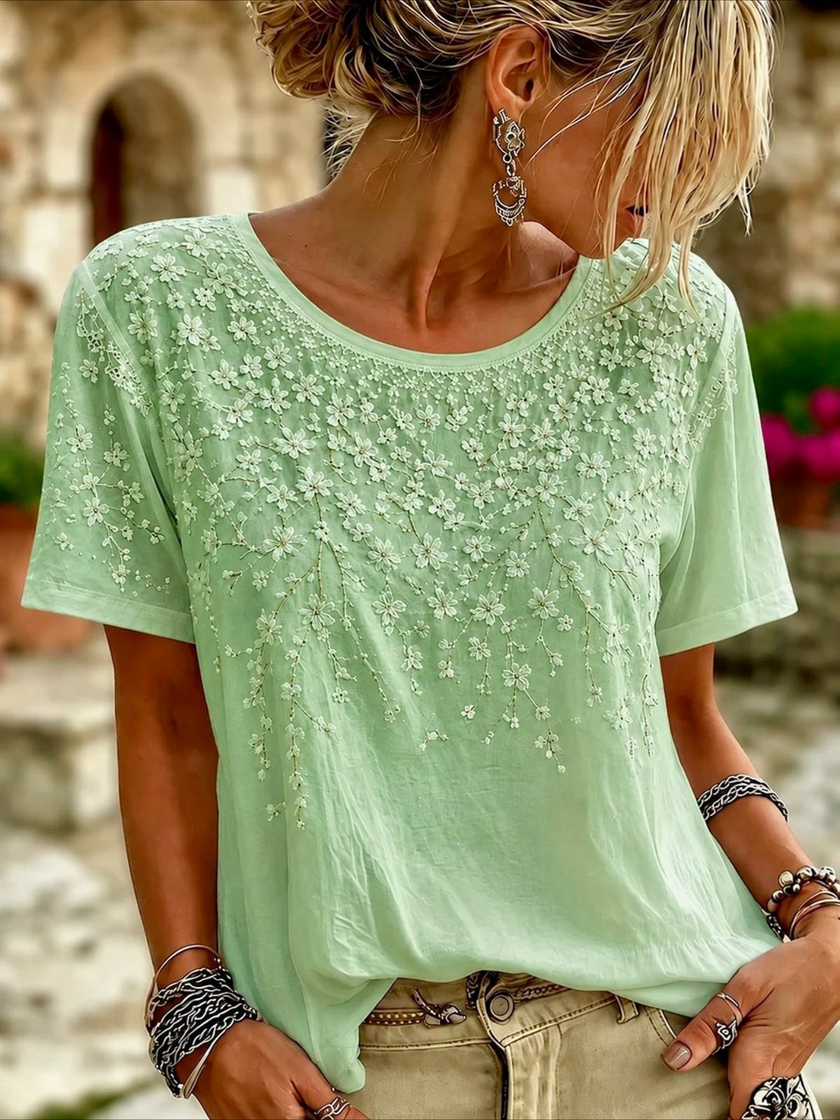 Floral Print Crew Neck Short Sleeve Top