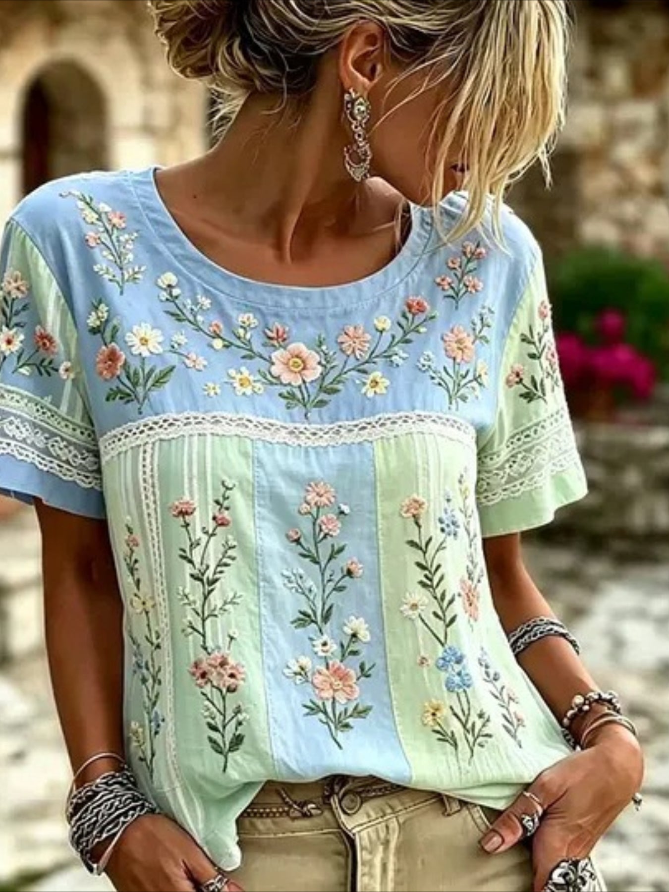 Floral Print Short Sleeve Crew Neck Top with Patchwork Blouse Style