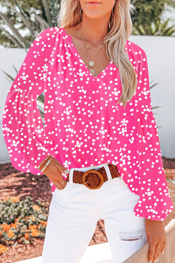 Rose Floral Print V Neck Long Puff Sleeve Top