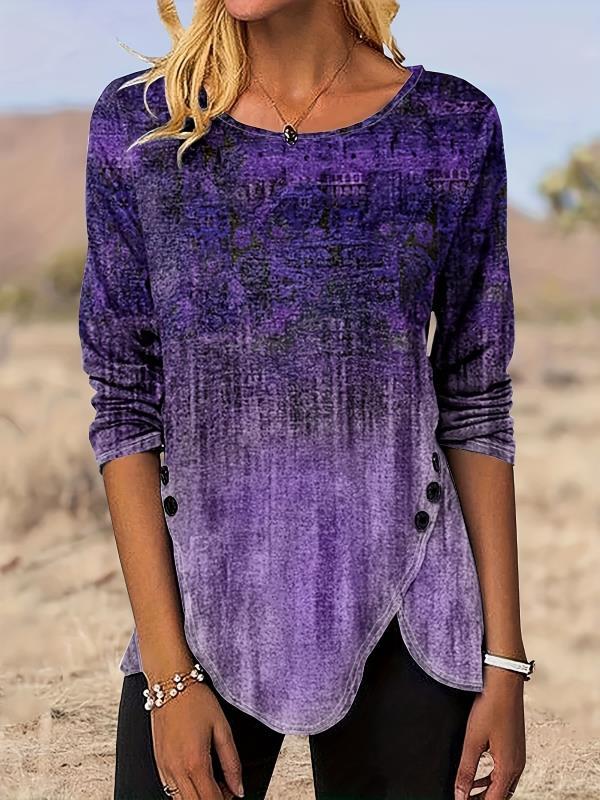 Graphic Print Buttons Front T-Shirt, Casual Long Sleeve Asymmetrical Hem T-Shirt