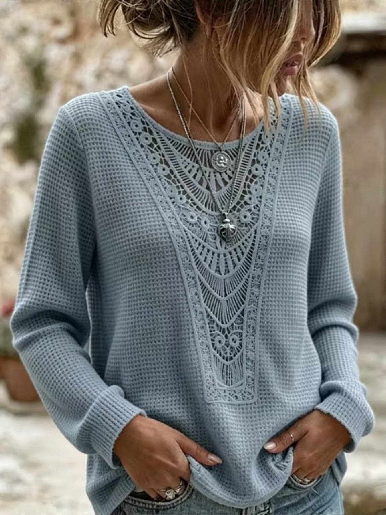 Pineapple Checked Lace Splicing Long Sleeve Solid Color T-shirt