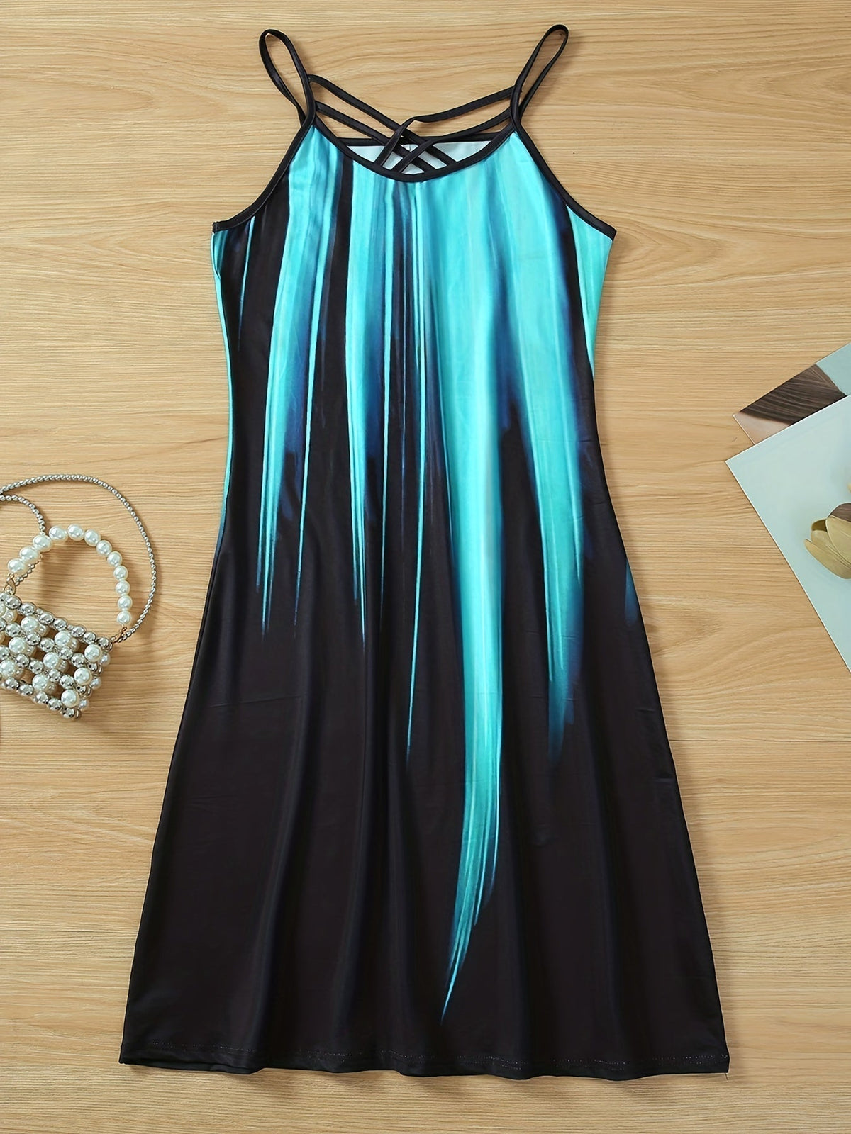 Color Block Criss Cross Dress, Casual Sleeveless Spaghetti Strap Dress