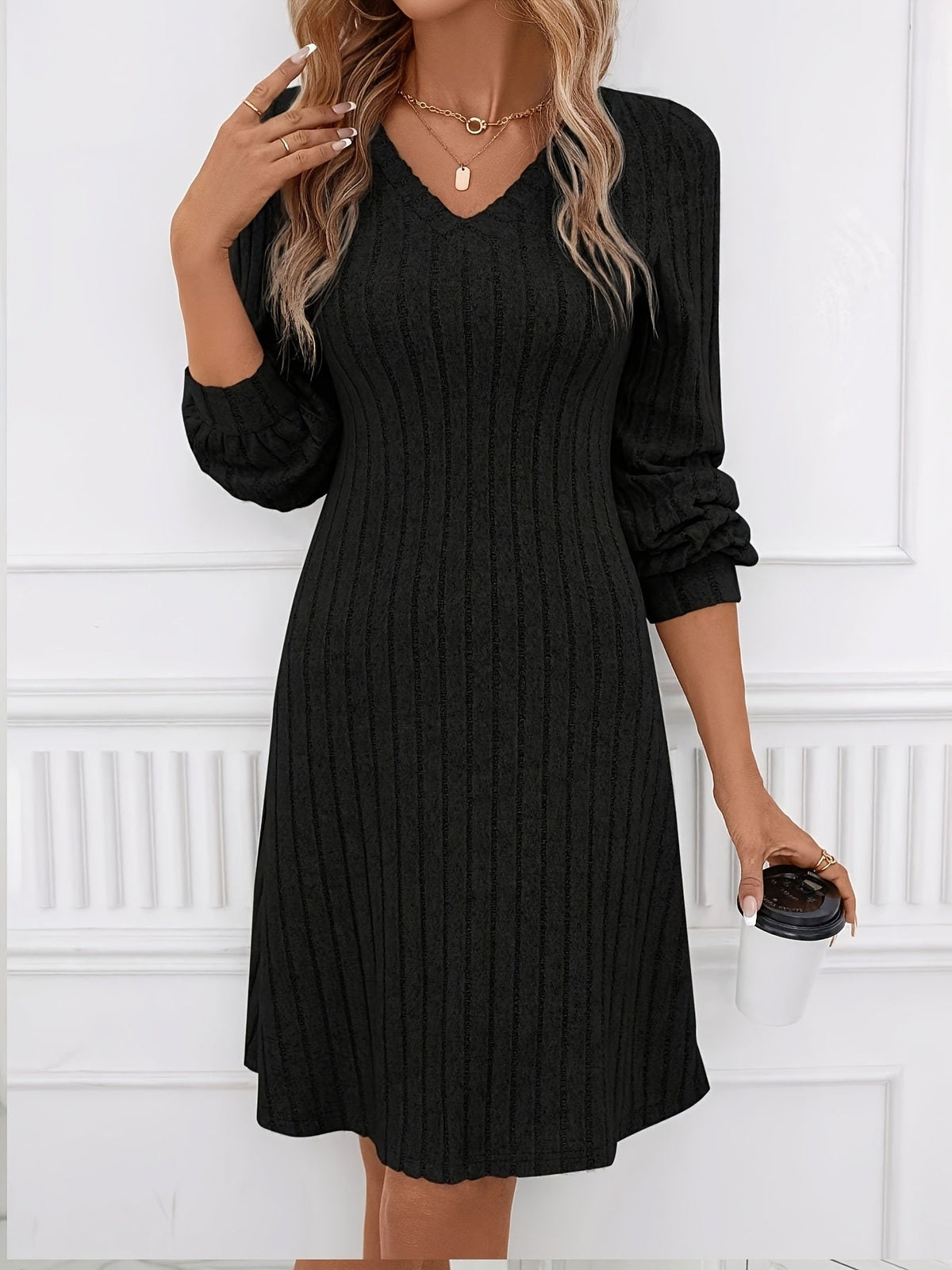 Long Sleeve Ribbed Solid Color Elegant V-neck A-line Dress