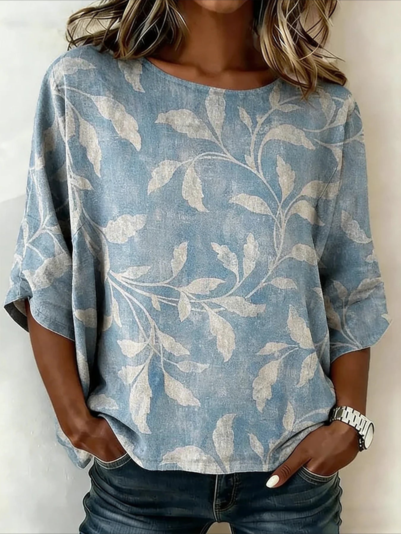 Leaf Prints Loose Cotton and Linen Vintage Shirt