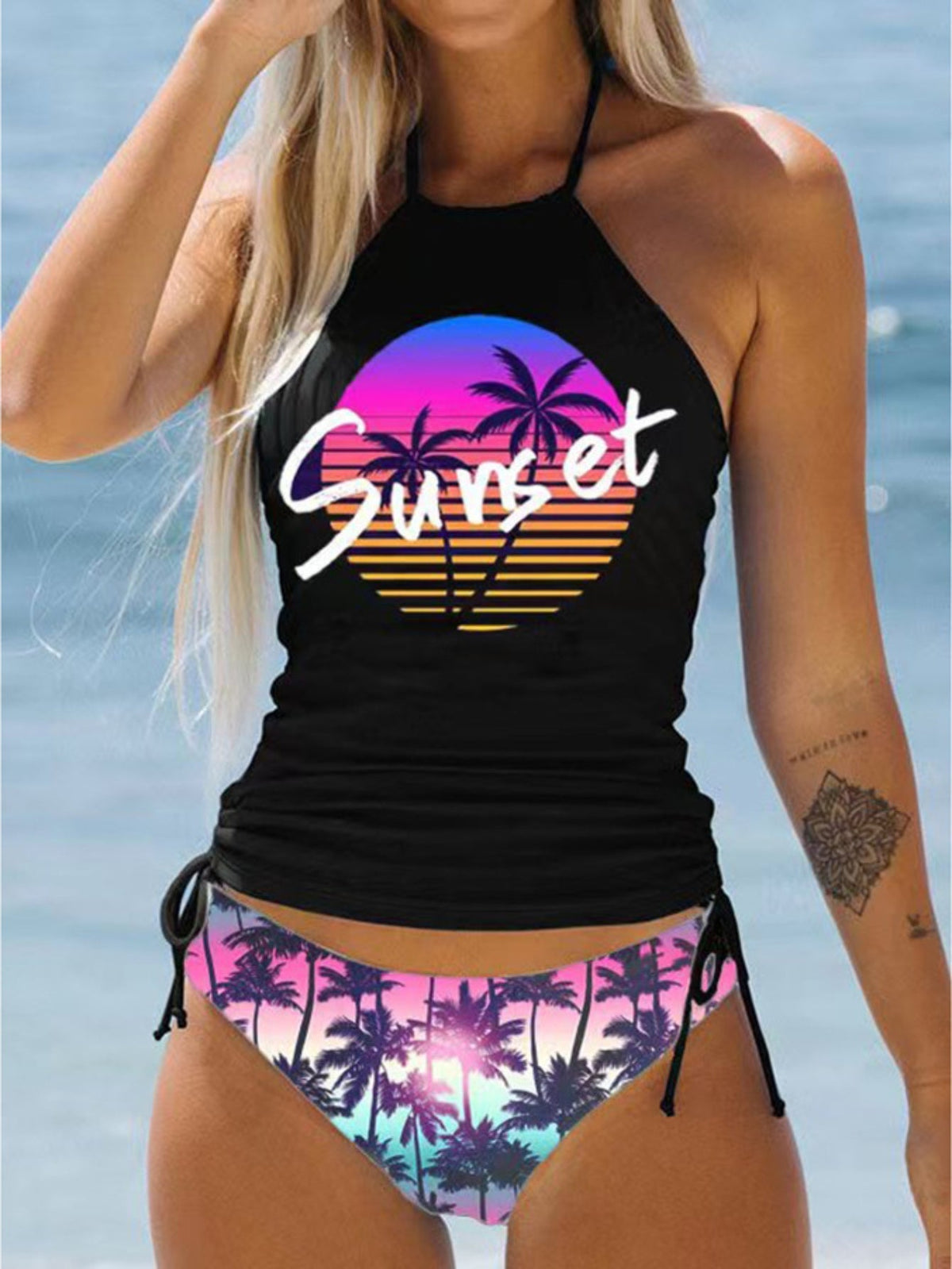 Coconut Tree Sunset Pattern Drawstring 2 Piece Set Swimsuit, Halter Tie Neck Backless Stretchy Low Waist Bathing Suit