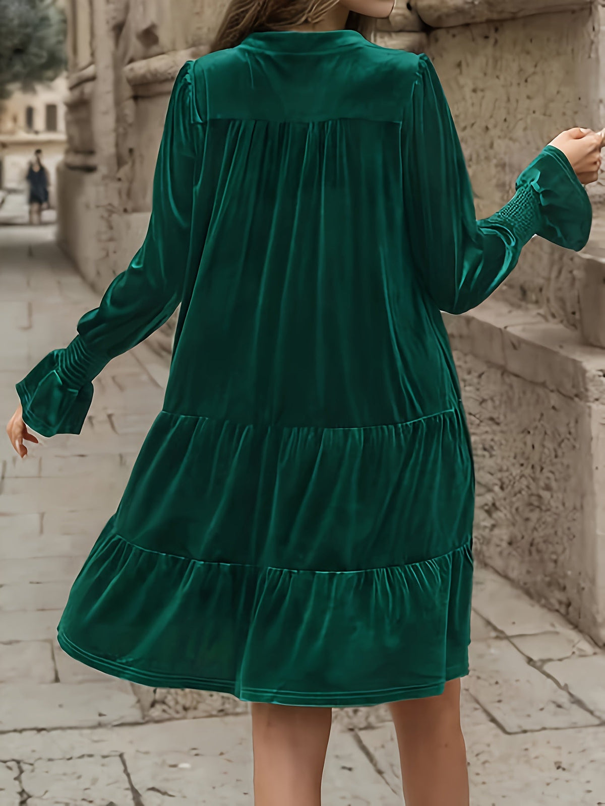 Women's Layered Hollow-Out Long Sleeve Dress, Elegant V-Neck, Solid Color, Adult Fashion Dress